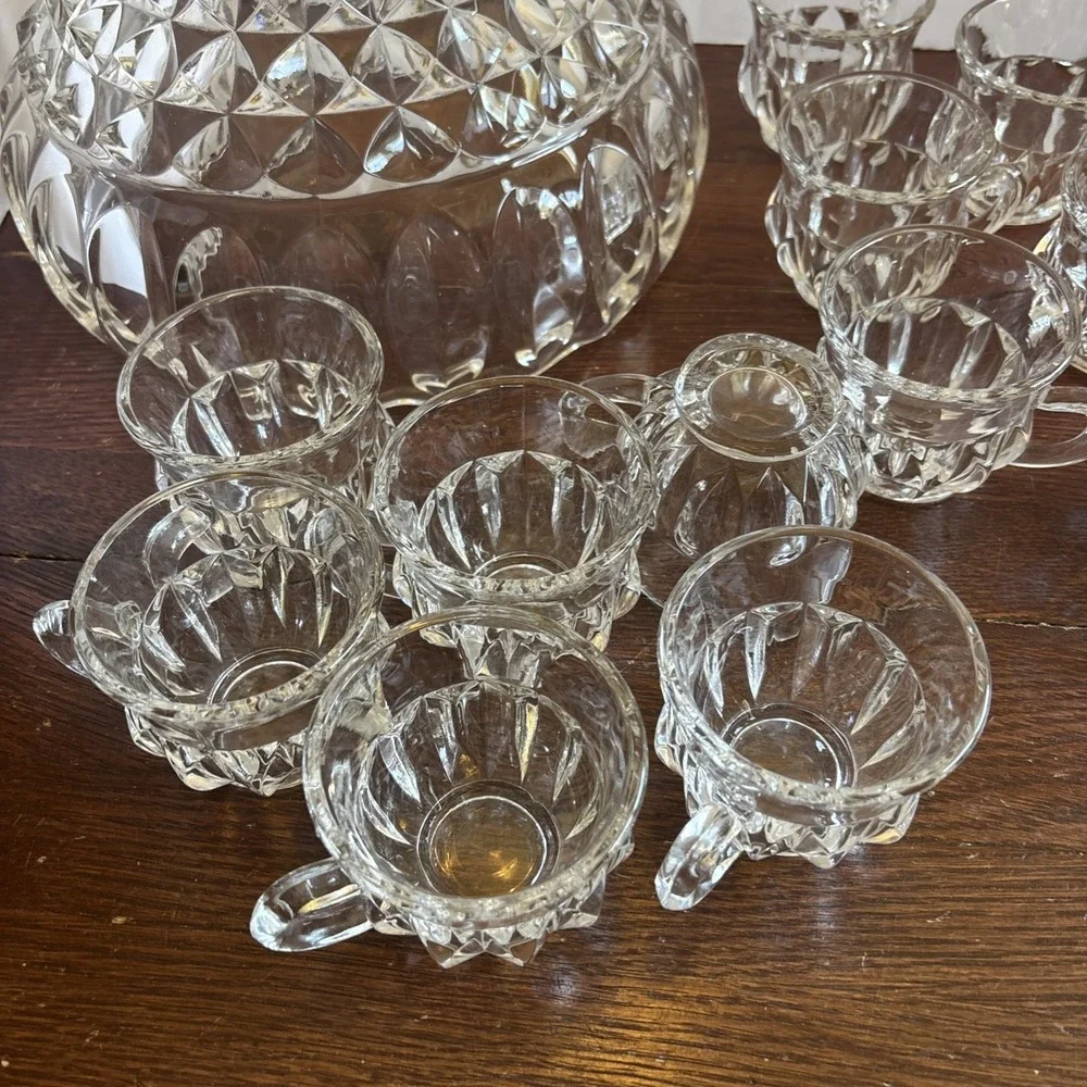 Vintage Set Punch Bowl With 12 Cups Indiana Glass‎ Lotus Blossom Heavy Cut